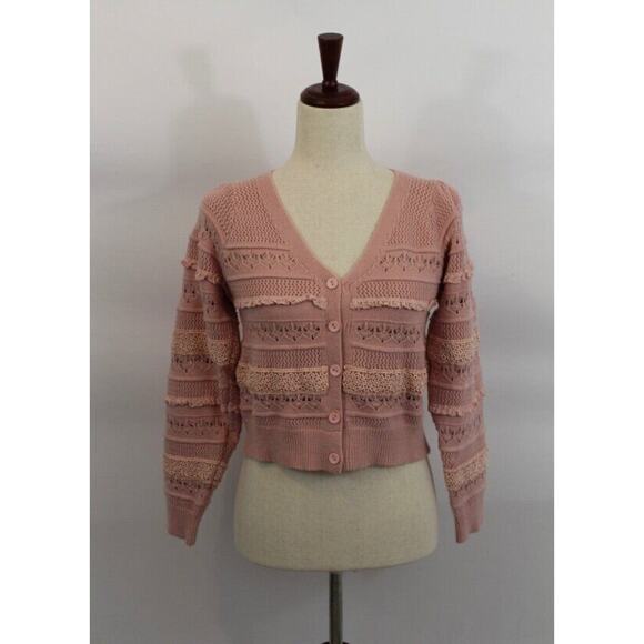 ALLISON New York Sz XS Pink Crochet Cropped Levy Cardigan Sweater - Picture 7 of 9